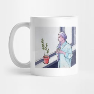 Woman drinks tea and looking outside Mug